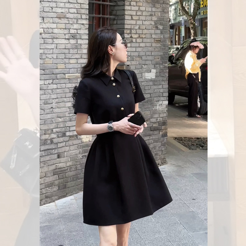 Black Polo Dress for Women, Spring French Style, Formal Occasion, High-End Hepburn Style Little Black Dress, Vacation Wear, Slimming Effect