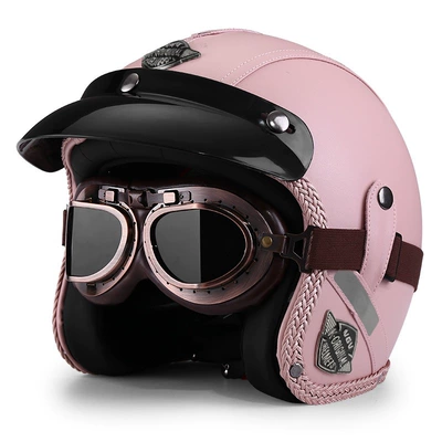 Motosiklet dəbilqələri – Winter Warm Motorcycle 3/4 Helmet - m-retro-pink-bronze-mirror-free-hat-brim-face-towel
