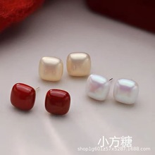 秋冬新品安可拉红方块耳钉新年红色珍珠方形925银针方糖珠珠耳环