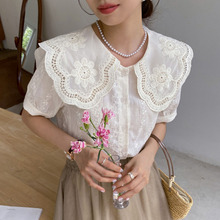 韩国chic法式气质减龄娃娃领刺绣钩花设计宽松单排扣泡泡袖衬衫女