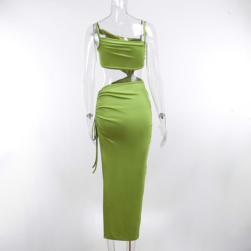 Women's Gender Wholesale Women's Elegant Sexy Pleated Hollow Out Solid Color Holiday Cocktail Party Oblique Collar Sleeveless Slit Dress