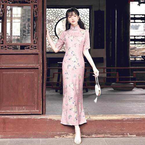 Chinese dresses qipao Shanghai cheongsam ramie retro female long slightly loose version dress