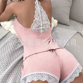 跨境欧美家居服四季新款休闲睡衣女牛奶丝面料背心无袖短裤套装