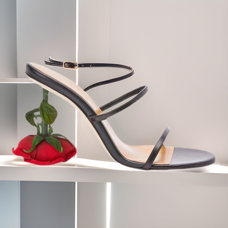 2026 New Model Rose Flower Nail Polish High-Heeled Genuine Leather Sandals, Stable and Comfortable, Single-Strap Non-Tiring Slippers for Women