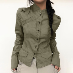 欧美外贸工装风女装街头潮人立领分割修身辣妹休闲长袖外套秋批发