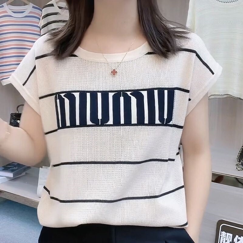 2025 Summer New Stylish Ice Silk Knit Top Thin Youthful Short-Sleeve T-Shirt Women's Cotton with Tags 2025 Summer New Stylish Ice Silk Knit Top Thin Youthful Short-Sleeve T-Shirt Women's Cotton with Tags