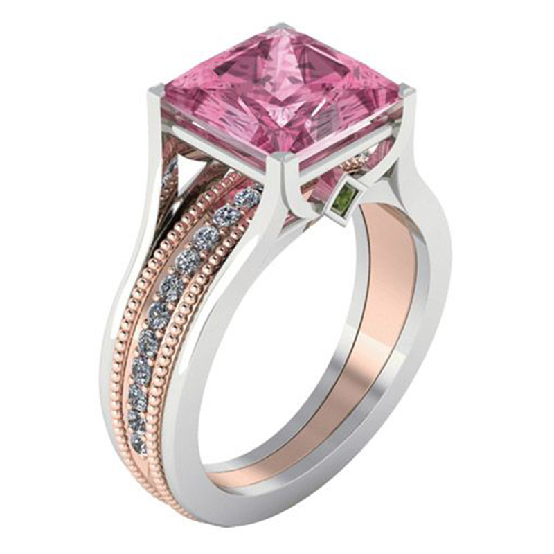 Hecheng European and American cross-border jewelry color separation pink crystal ring two-color Square zircon wedding ring for women