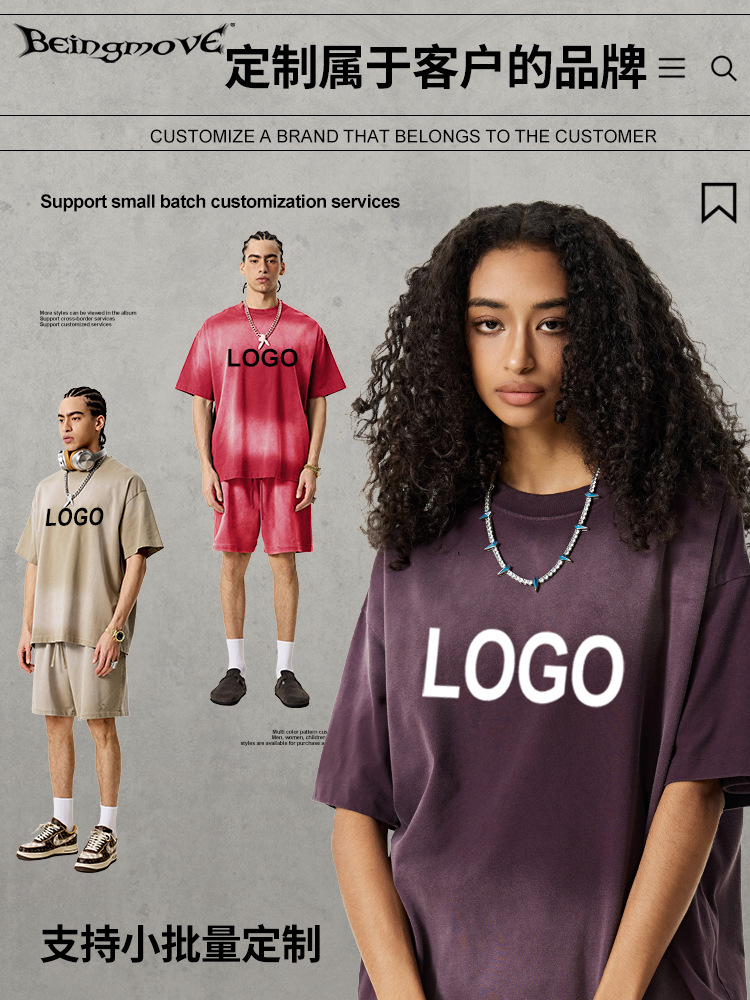 2025 verano nueva marca de moda americana en la calle alta lavado cuello redondo manga corta t suelta camiseta roja de manga corta hombre