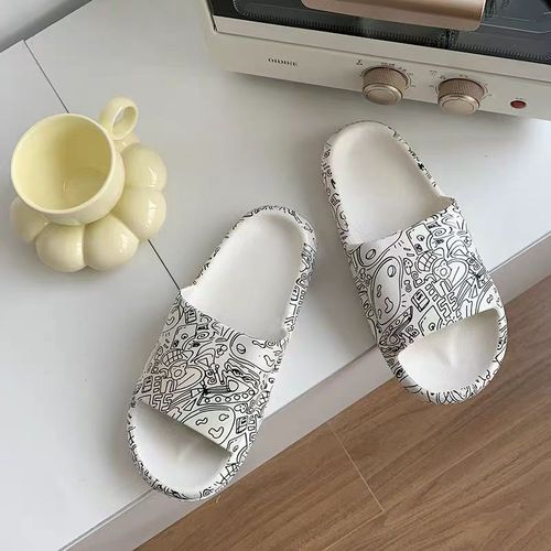 Doodle Couple Slippers Soft Sole Comfortable Summer Non-Slip Outdoor Wear Home Indoor Bathroom Cartoon Pattern Women's Cooling Slippers