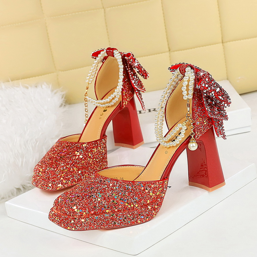 7723-H80TP lentejuelas cabeza cuadrada tacones altos tacón grueso plataforma impermeable lazo trasero perlas hebilla sandalias zapatos de boda