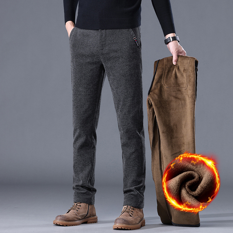 Otoño e invierno pantalones casuales antiarrugas de los hombres de fácil cuidado slim fit pantalones de los hombres chenille forrado de lana engrosada pequeños pantalones rectos niños