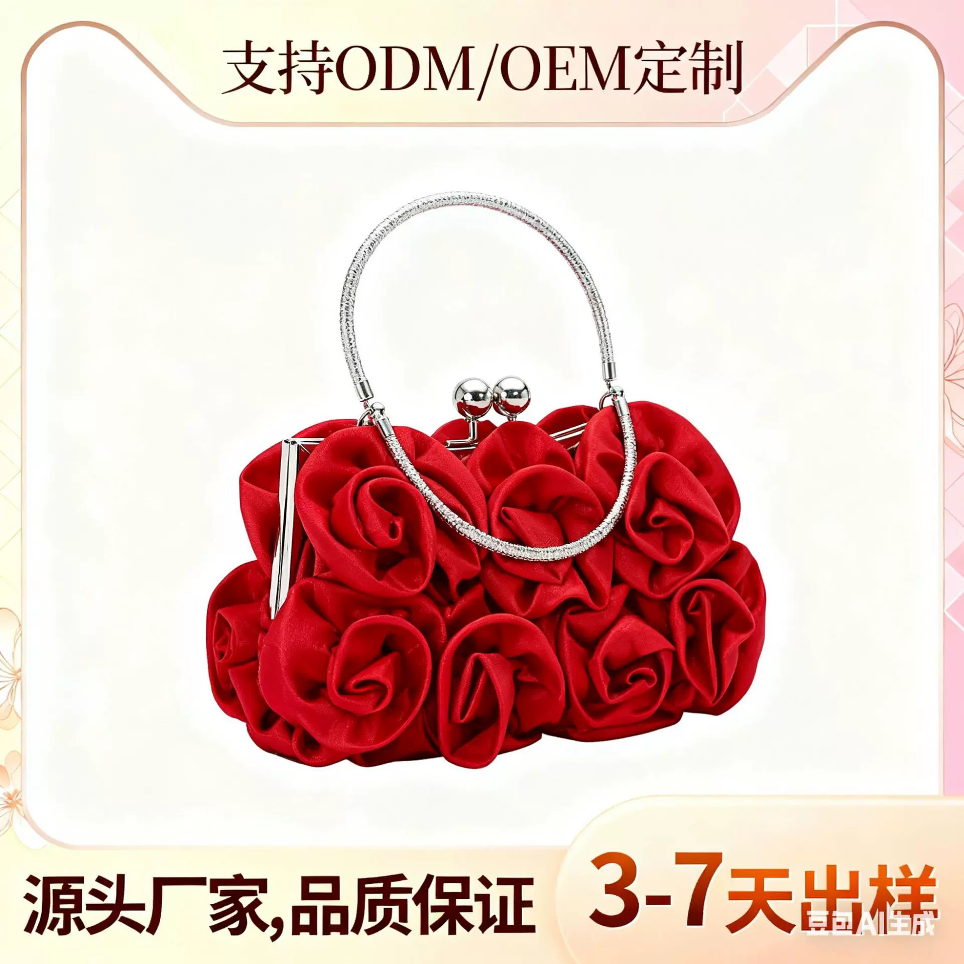 跨境热销定制手工14 朵玫瑰花绸缎晚宴包色丁布女包狮岭包包