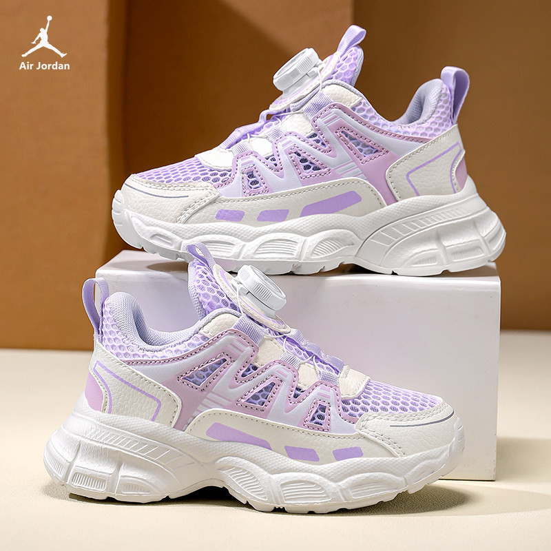 Jordan's New Girls' Shoes, Summer Single-Mesh Breathable Student Rotating Buckle Children's Sports Shoes, Girls' Running Shoes