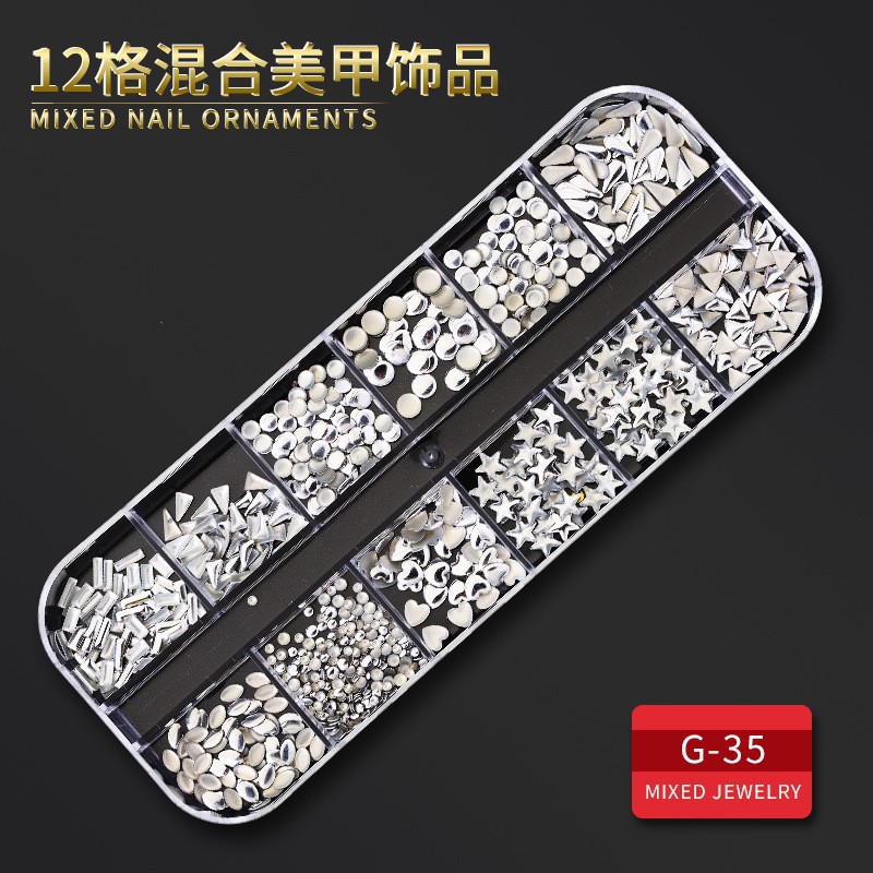 Juego completo transfronterizo de 12 compartimientos de remaches de metal, diamantes de imitación, Xingyue, piezas de concha de diamantes, accesorios para uñas, adornos para uñas