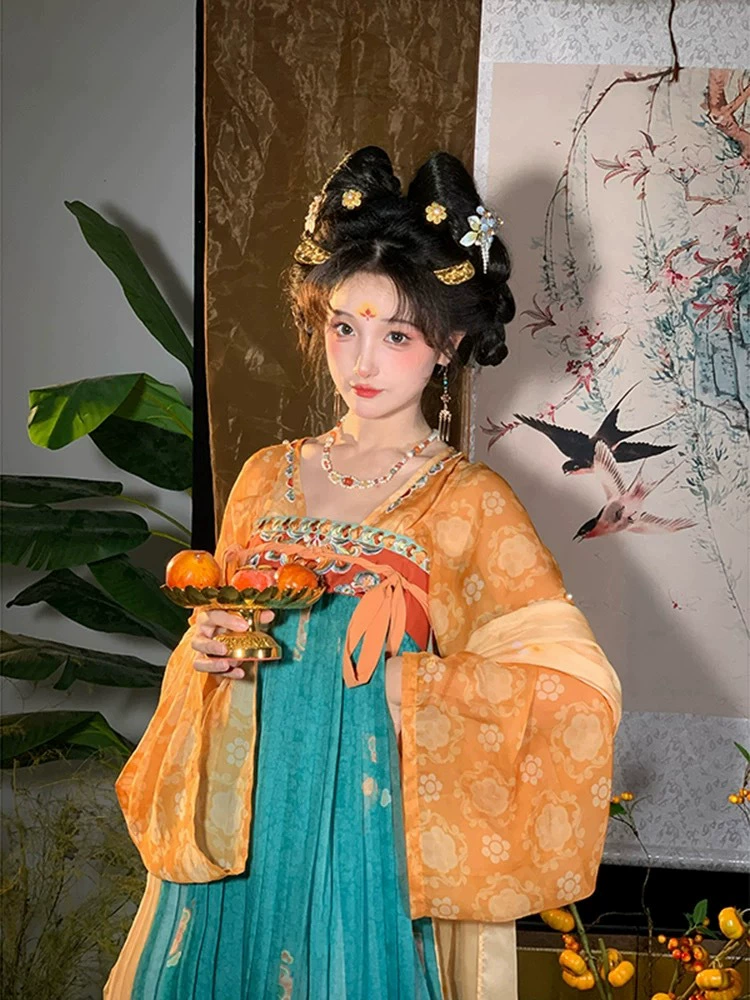 Оригинальная женская юбка династии Хань [Luoshui Yunshang] династии Тан с тяжелой вышивкой, цельная юбка до груди с верхней рубашкой и шарфом на весну и лето