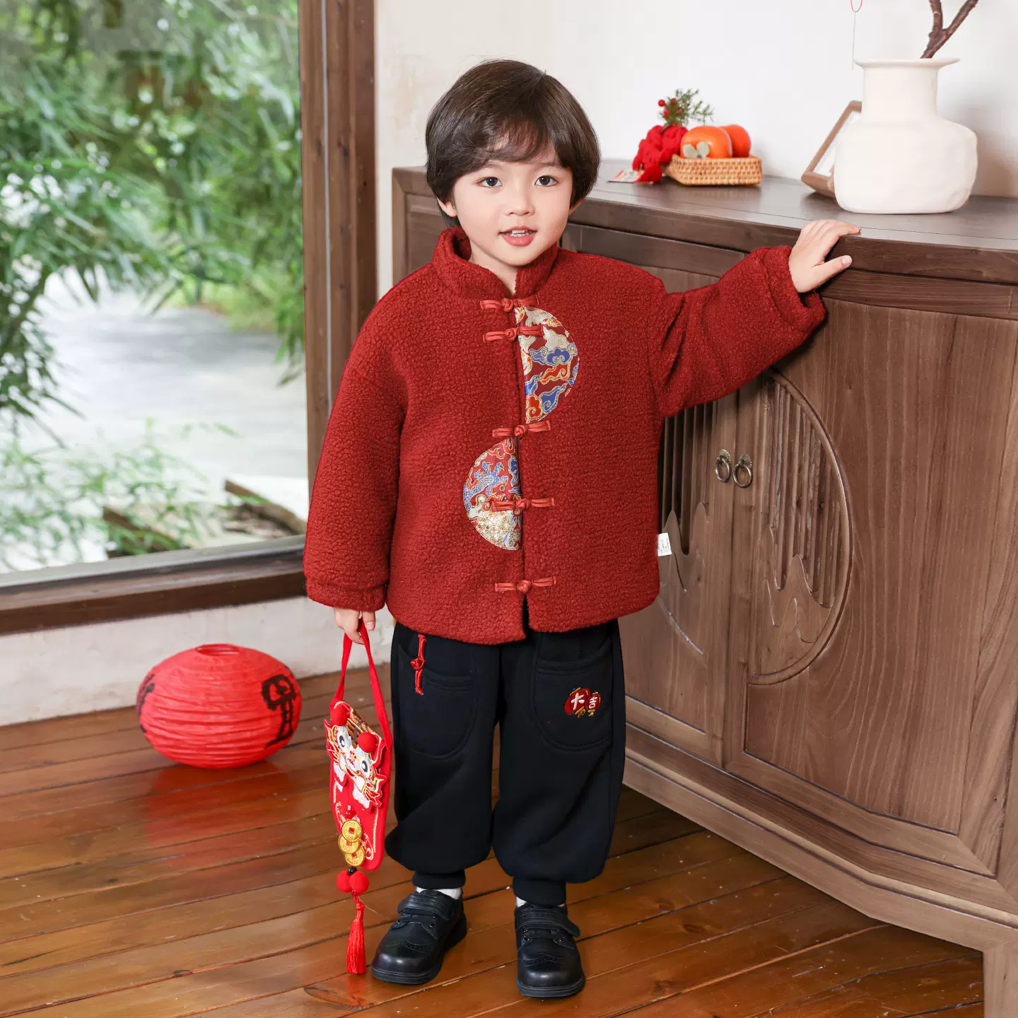 男童拜年服套装唐装加厚外套汉服冬红色喜庆童装元旦儿童演出服冬