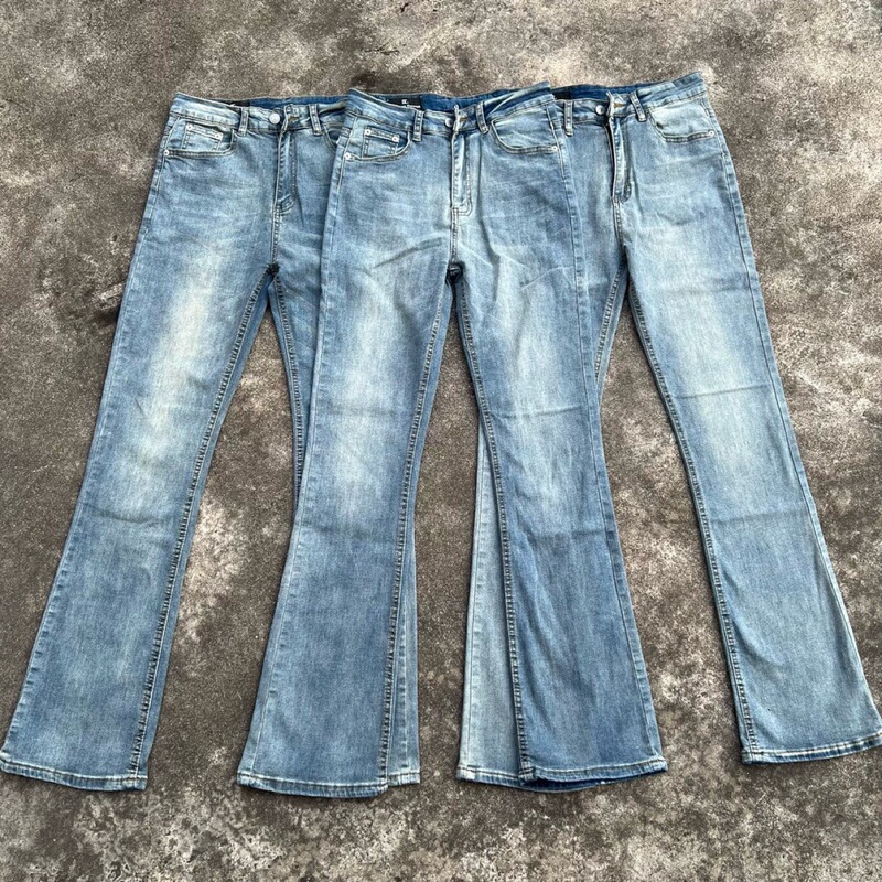 Dc Retro Blue Bamboo Cotton Faded Lightning Pattern Washed Distressed Micro-Flared Jeans Cleanfit Pants Dc Retro Blue Bamboo Cotton Faded Lightning Pattern Washed Distressed Micro-Flared Jeans Cleanfit Pants