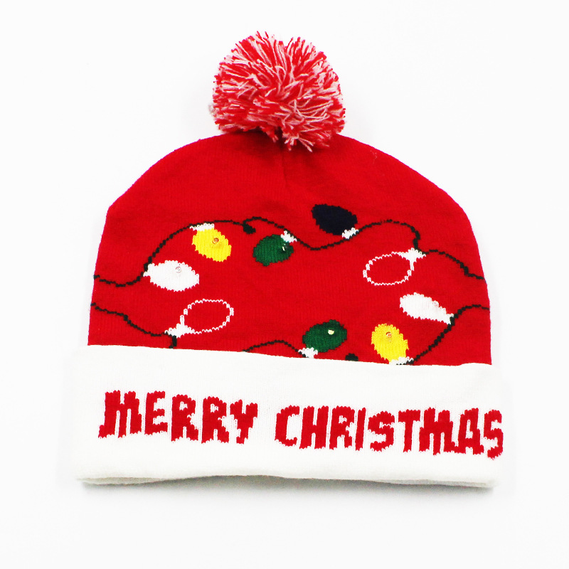 Fabricante transfronterizo de gorros navideños europeos y americanos tejidos en jacquard, gorros navideños de lana con luces LED, gorros navideños con pompón y bufandas. image 30