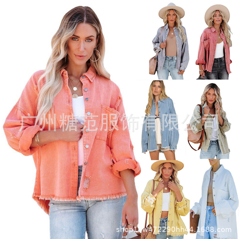 European and American Export New Style Washed Distressed Tassel Ripped Loose Jacket Cross-Border Amazon Denim Jacket for Women Multi-Color