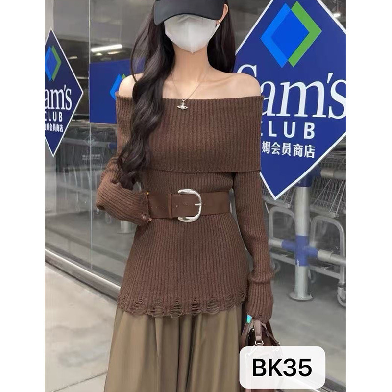 设计感一字肩长袖毛衣针织衫女秋季辣妹修身显瘦时尚气质小众上衣|undefined