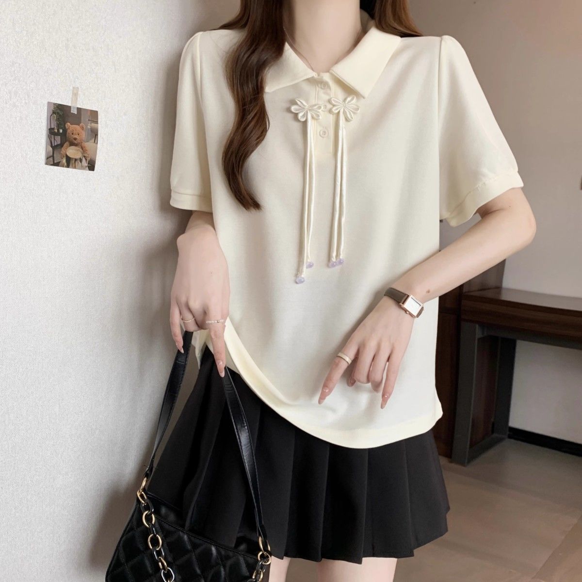 Ropa de mujer de talla grande Fat mm Nuevo estilo chino Colgante con cuello de polo Camiseta de manga corta suelta y delgada que cubre la carne image 4