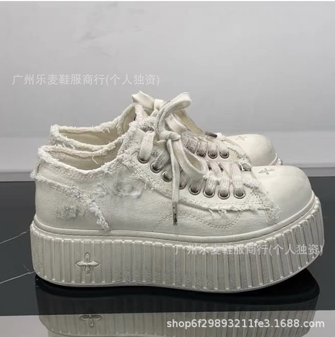 高品质~十字花松糕厚底黑白色拥抱滑板鞋xsmfk复古做旧脏脏帆布鞋|undefined