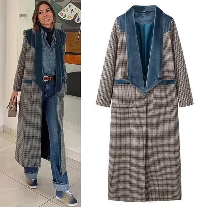 SAW AliExpress Independent Station European and American Style Women's Fashion All-match Deep V-neck Long Plaid Woolen Long Sleeve Coat SAW AliExpress Independent Station European and American Style Women's Fashion All-match Deep V-neck Long Plaid Woolen Long Sleeve Coat