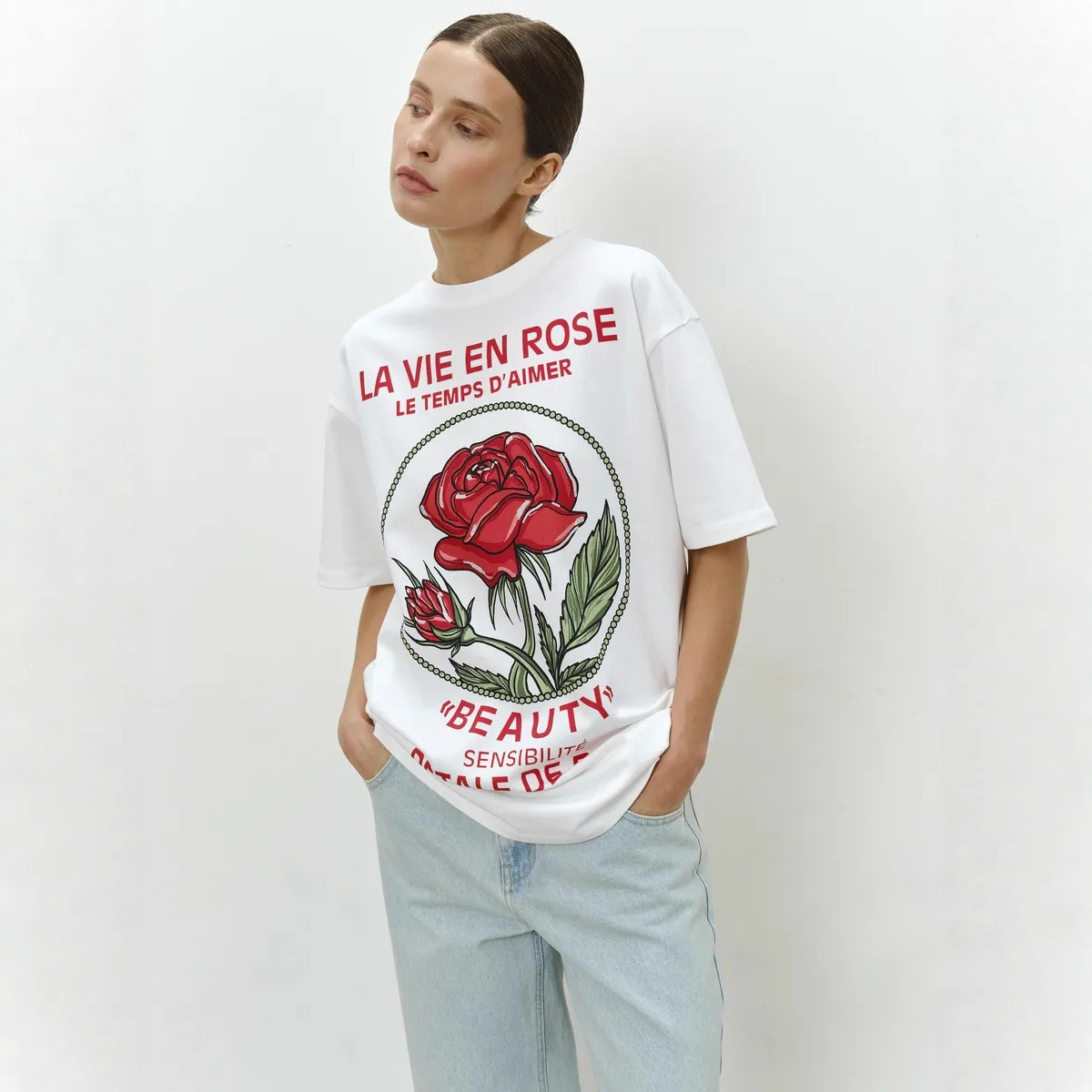 100% Cotton Short-Sleeved T-Shirt, Ladylike Rose Print Summer New Loose Trendy Brand Hiphop Top