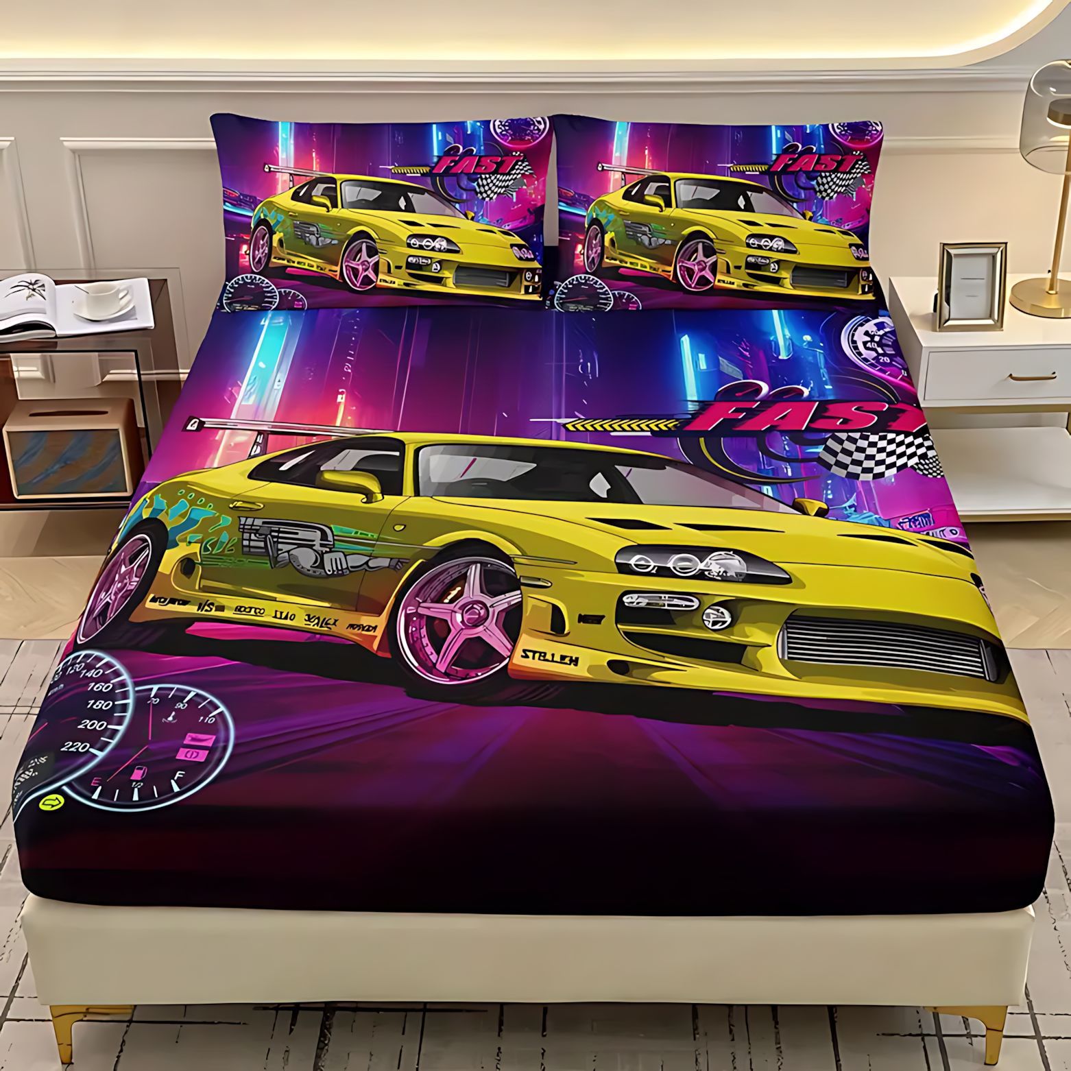 TEMU / JIT Cross-border neon luminoso coche deportivo 3D impresión digital cama gaza pillow kit para dibujar