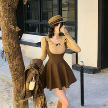 可爱洋气小个子蕾丝长袖内搭打底针织衫背带半身裙套装女春季新款