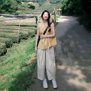 夏天穿搭一整套小个子梨型身材巨显瘦小众背心上衣裤子两件套装女