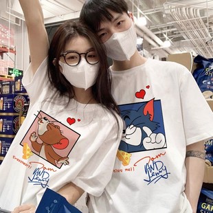 2025 New Ins Cat and Mouse Couple Outfit Summer Short-Sleeved Loose Five-Point Cartoon Animation Couple Outfit T-Shirt Trendy