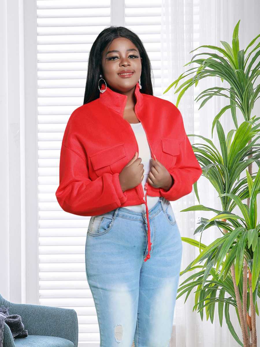 Fashion Solid Color Pocket Polyester Zipper Coat Jacket