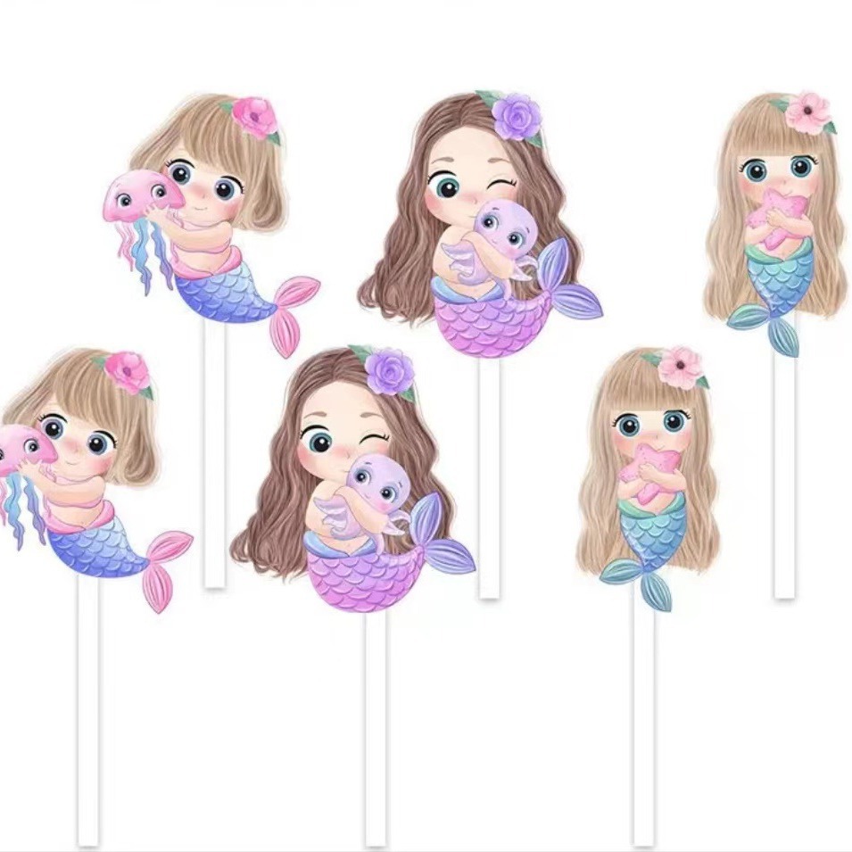 Mermaid Marine Animal Cake Decoration Insert Kidsren's Cartoon Dessert Table Insert Pudding Push Sticker
