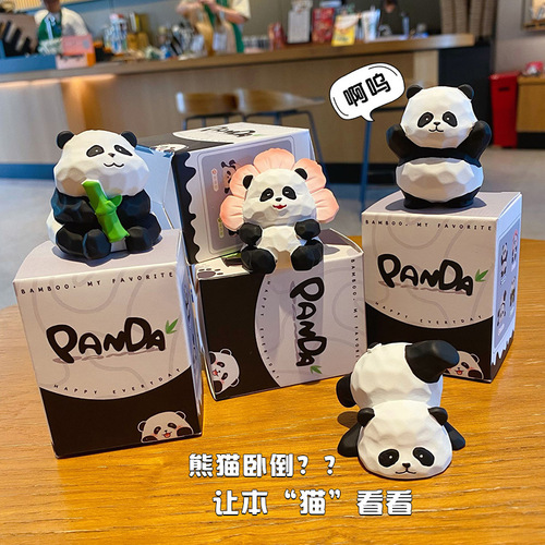 Original Wood Carving Style Cute Panda Daily Series Desk Miniature Resin Panda Bear Plush Gift
