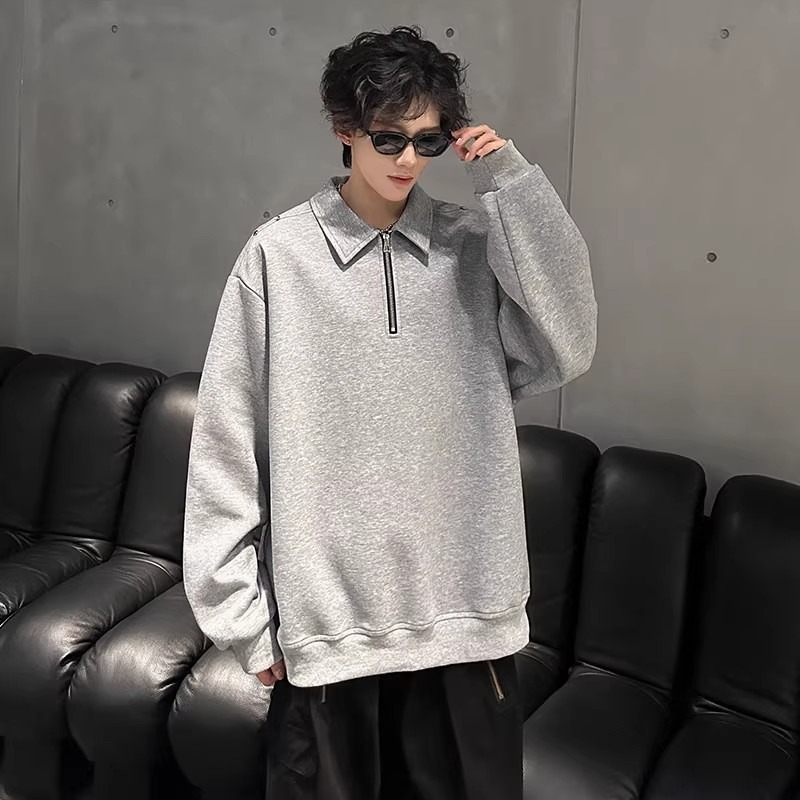Primavera y otoño, camiseta negra de manga larga con remaches de alta calidad, chaqueta de media cremallera, camiseta universal para hombres