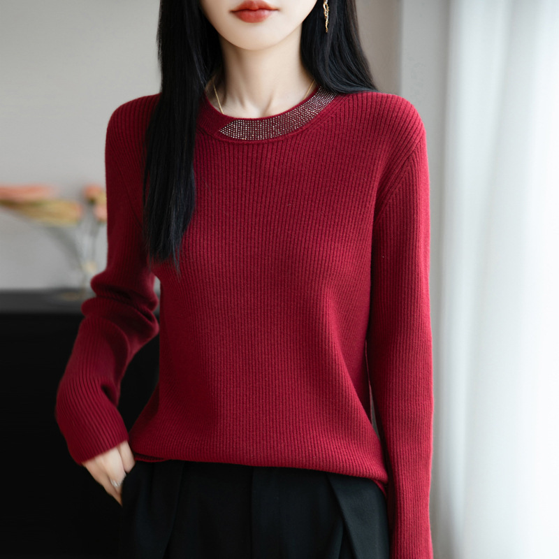 秋冬新款女羊毛衫圆领打底衫烫钻内搭毛衣上衣长袖修身百搭针织衫|undefined