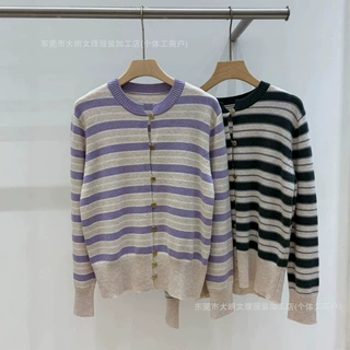 LP复古撞色横条纹针织开衫女圆领金属单排扣软糯羊毛毛衣百搭外套