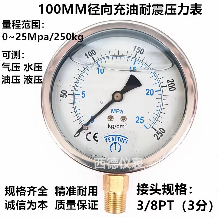 YN-100 100MM径向0~250KG/25MPA充油耐震压力表 油压表 液压表