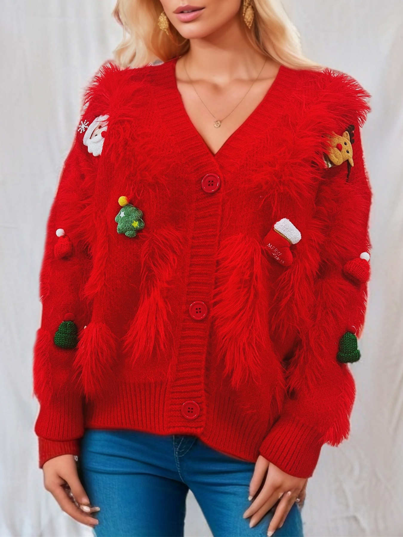 Damen Weihnachtskardigan In Rot Mit Nerzoptik Und Applikation_voghion.com