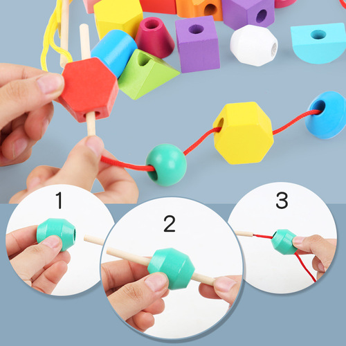 Children's geometric wooden beads five sets of columns color classification enlightenment early education shape recognition rope educational toys