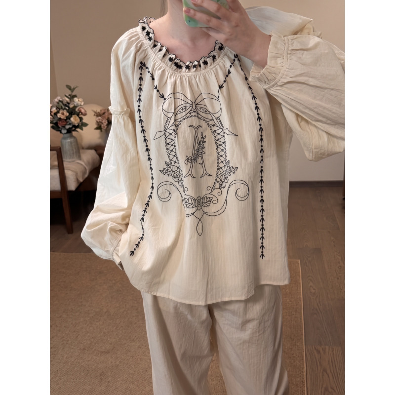 French court-style vintage elegant women's pajamas, new spring and autumn design, long-sleeved and long-pants home wear set, can be worn outside