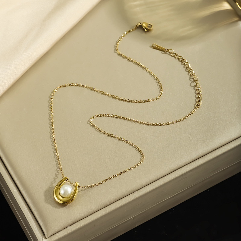 Colar de pérolas de luxo europeu para mulher em aço dourado_voghion.com