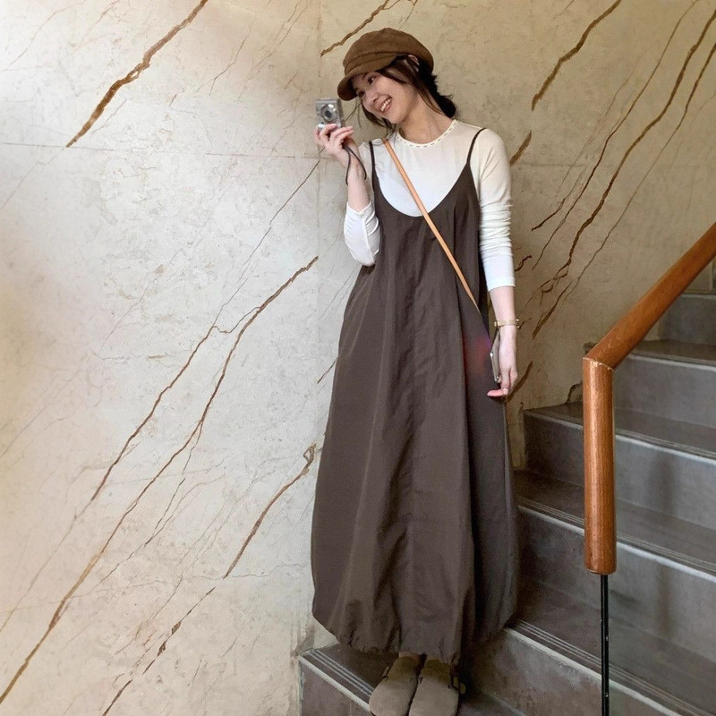 Plus-Size 150kg Petite Design Skirt Fashionable Youthful Brown Ruffle Strap Dress