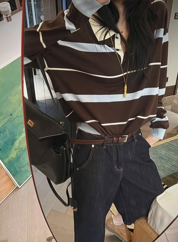 韩系撞色条纹polo领翻领单穿上衣女夏季绝美小香风长袖针织衫|undefined