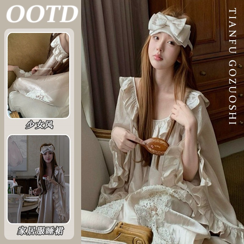 2026 New Style French Sexy Ice Silk Three-Quarter Sleeve Nightgown for Women Summer Palace Style Lace Mid-Length Nightgown Dress 2026 New Style French Sexy Ice Silk Three-Quarter Sleeve Nightgown for Women Summer Palace Style Lace Mid-Length Nightgown Dress