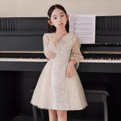 兒童禮服小女孩2024春季新款長袖潮流日常鋼琴演出禮服高端女裙