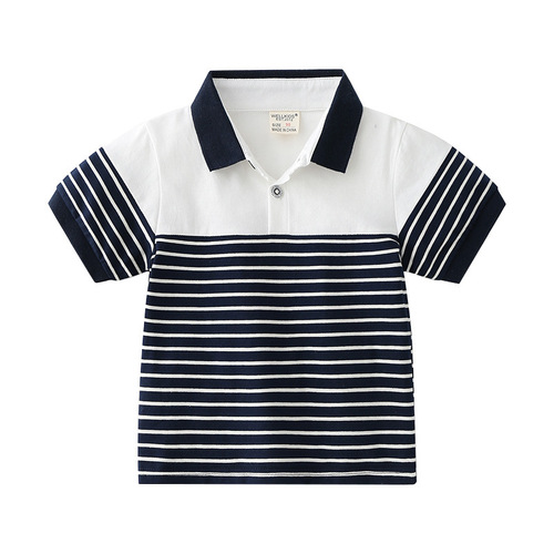 Supply Summer Medium and Small Boys' Cotton Casual Striped Short Sleeve Soft Moisture-Wicking Trendy Short Sleeve