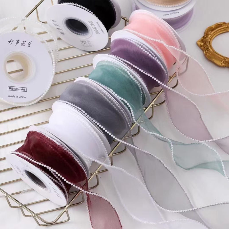 幻彩花束鱼尾纱丝带带珠光蛋糕蝴蝶结金边彩带珍珠波浪包装白色