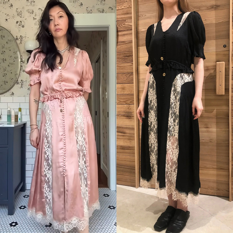 法式小众2026夏季轻奢蕾丝拼缎面暗花抽绳收腰包扣V领连衣裙26498